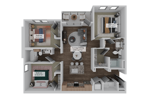 Floor plan for 3 beds, 2 baths, 1259 sqft